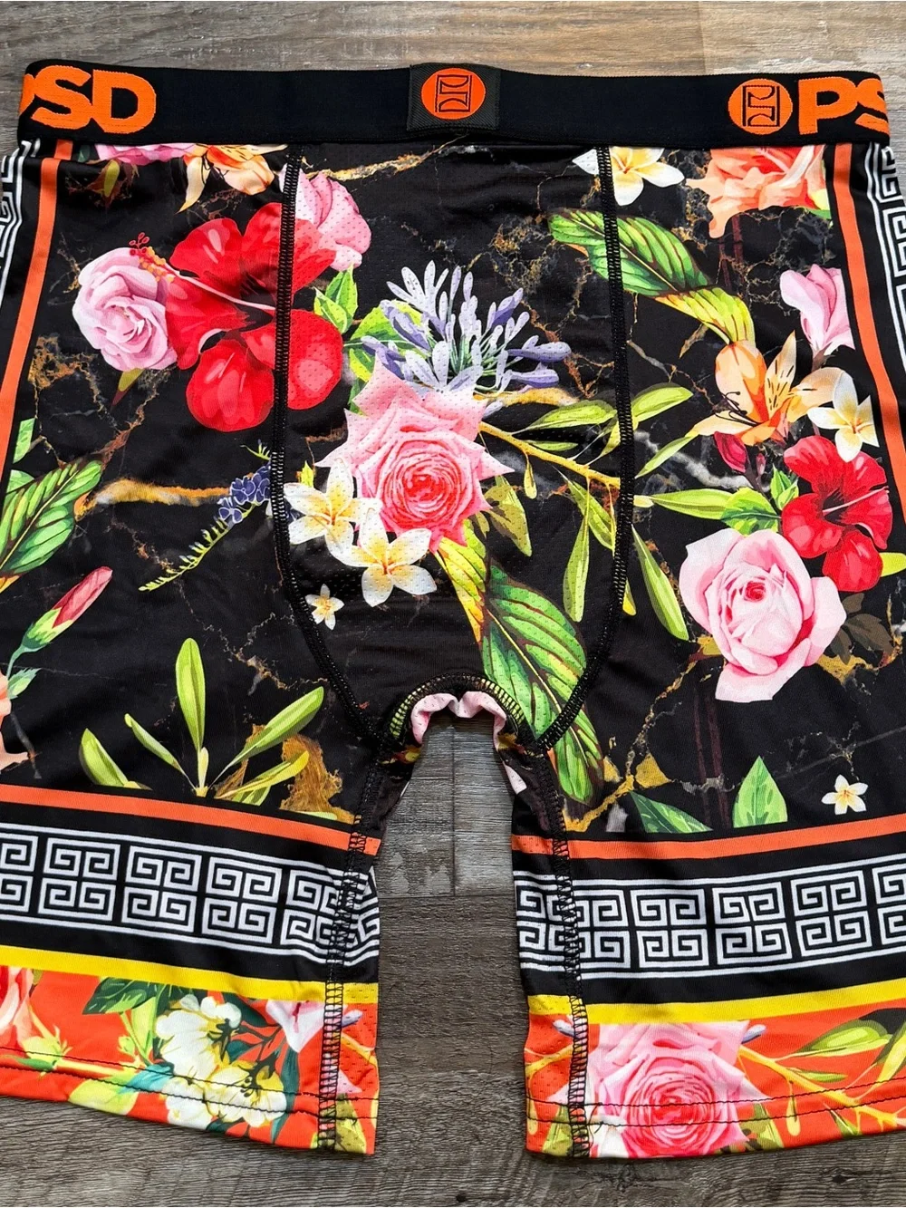 PSD Men’s Black Boxer Briefs with Orange Waistband & Multicolor Floral Print